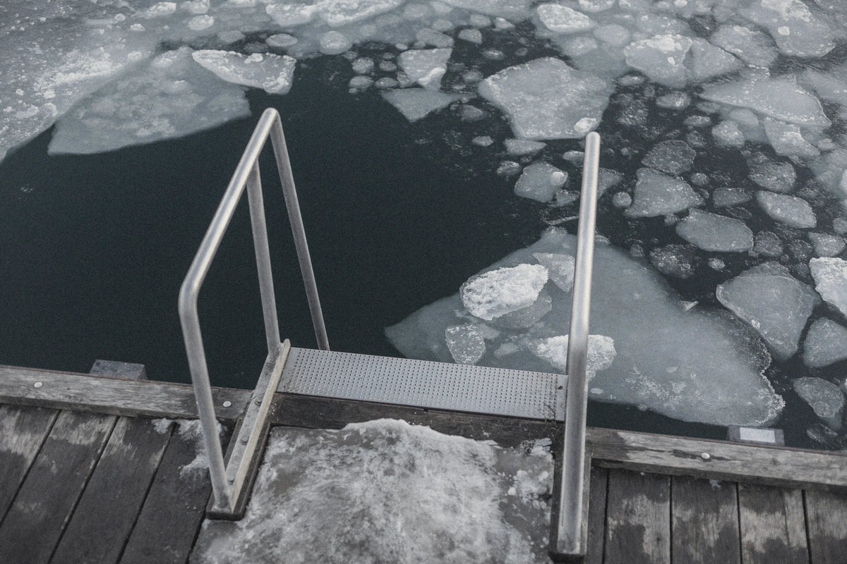 A steel ladder going down from a wooden deck into dark water broken with sheets of ice.