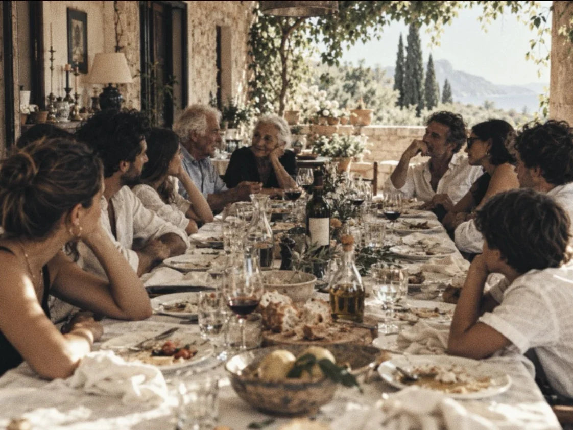 Three generations at a long outdoor table under a vine pergola, late lunch with hills behind.