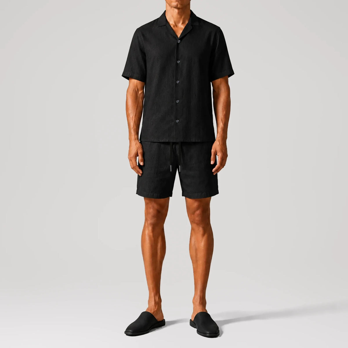 TerraLinen Black Short Sleeve Classic Shirt, front view