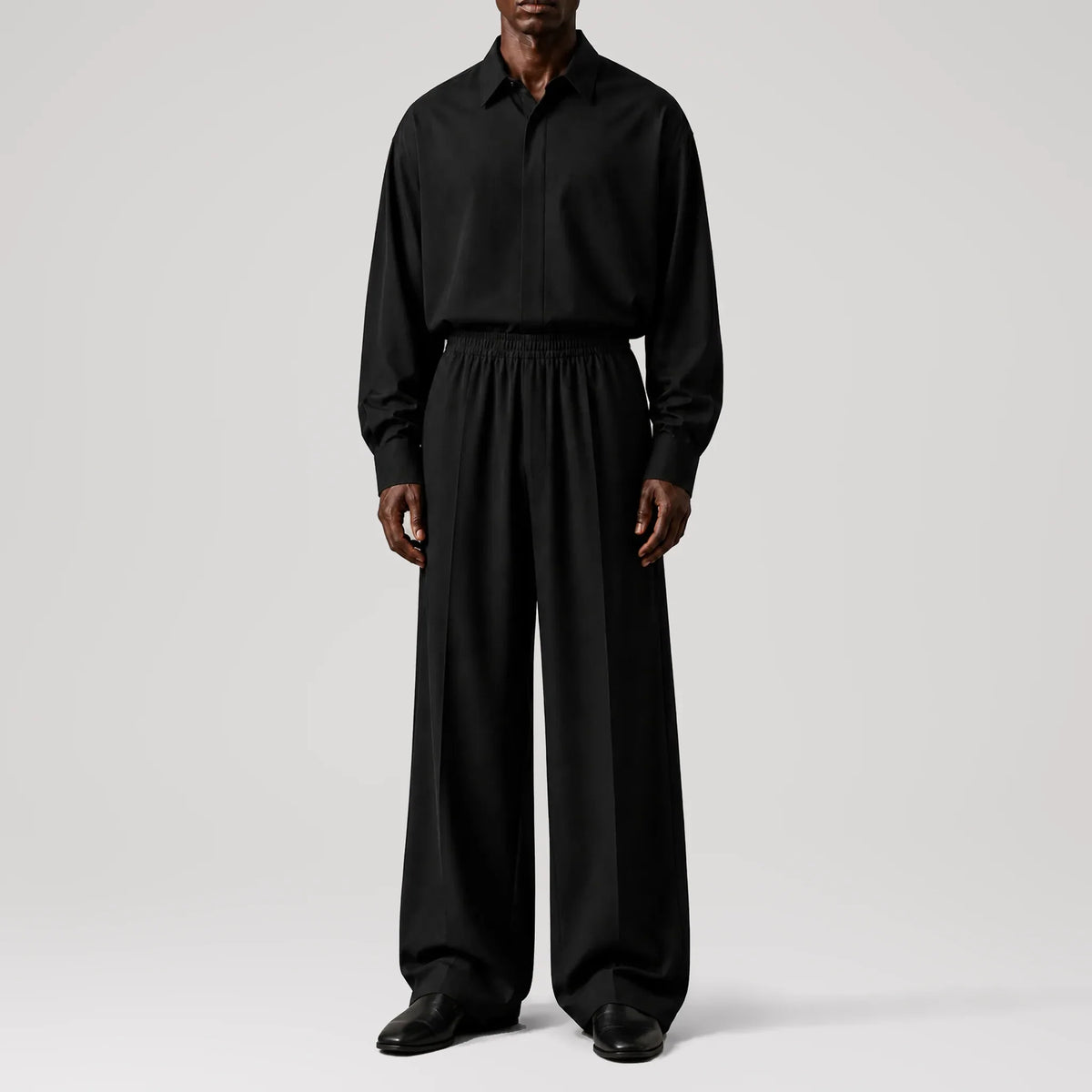 GizaLux Black Satin Oversized Pants, front view