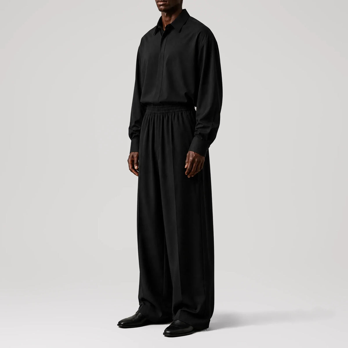 GizaLux Black Satin Oversized Pants, side view