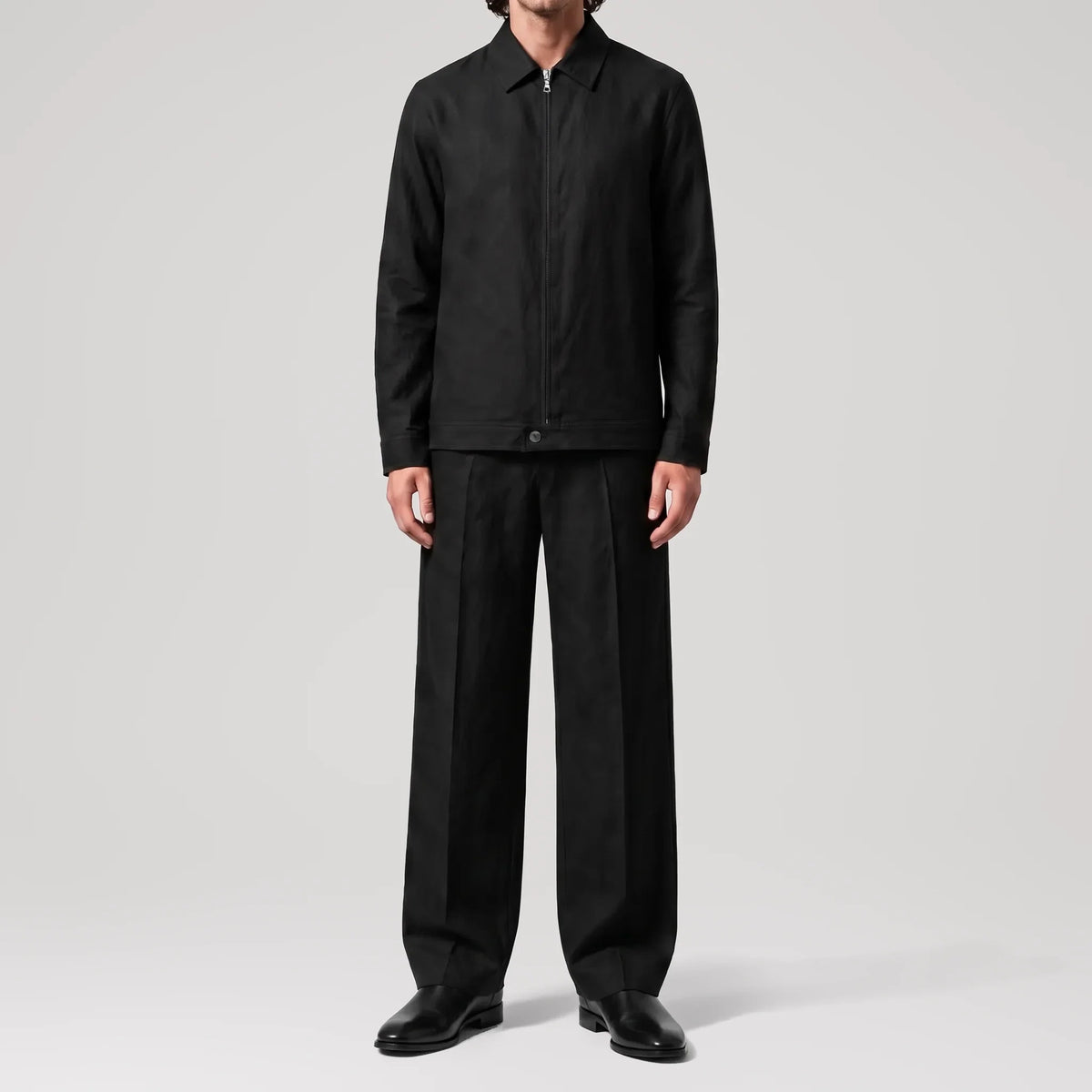 TerraLinen Black Long Sleeve Zip-up Shirt, front view