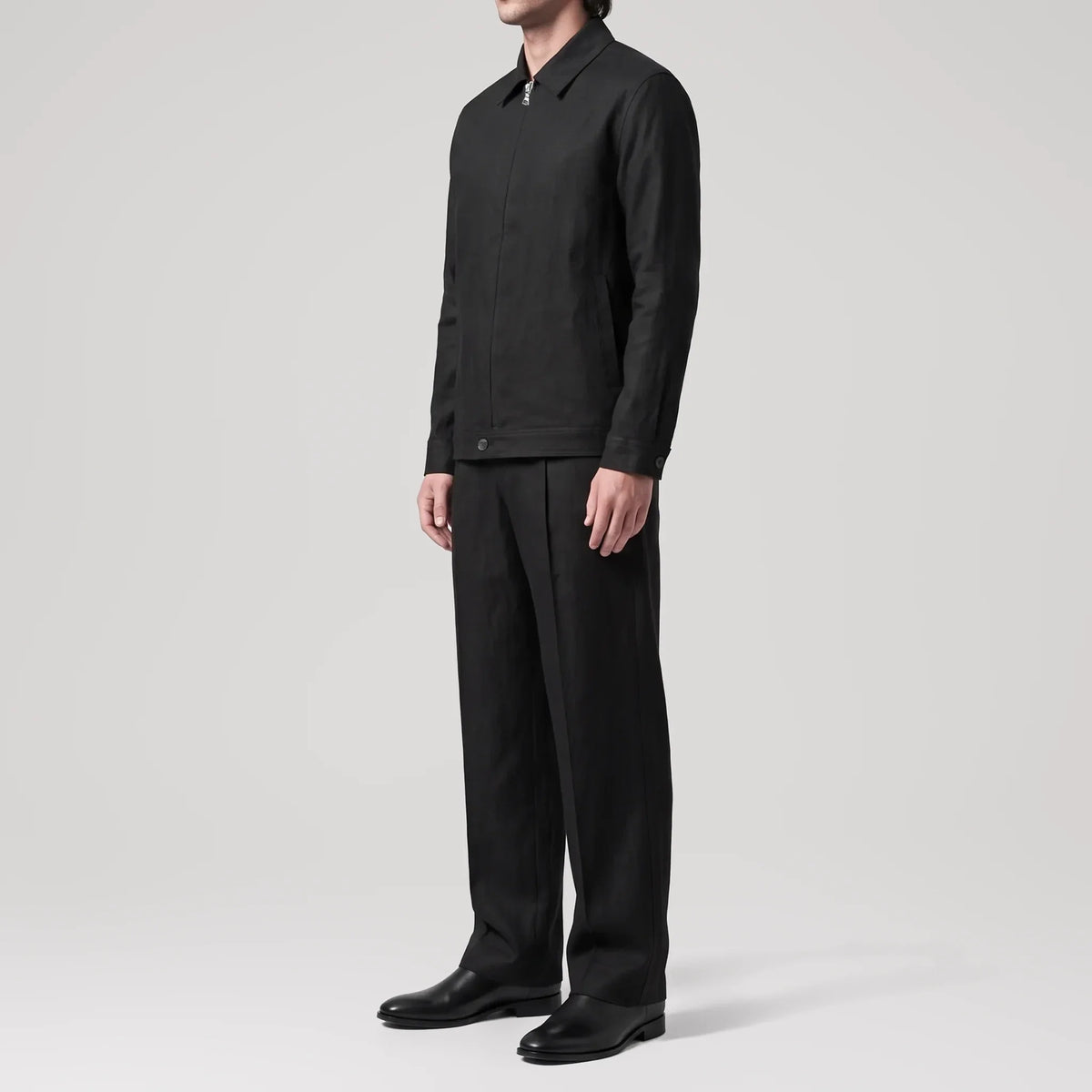 TerraLinen Black Long Sleeve Zip-up Shirt, side view