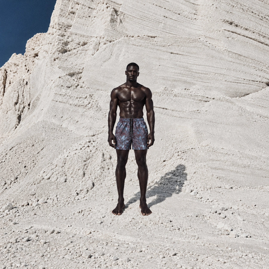 Chrome Print Active Swim Shorts in a white quarry