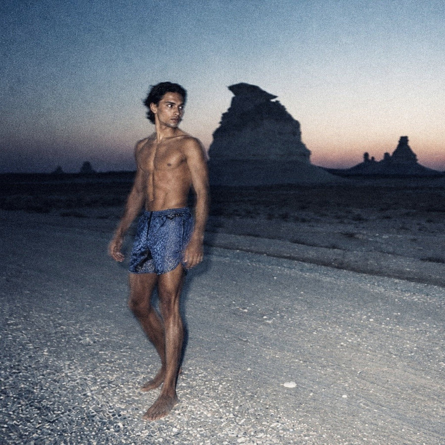 Leopard Royal Active Swim Shorts in the desert at dusk