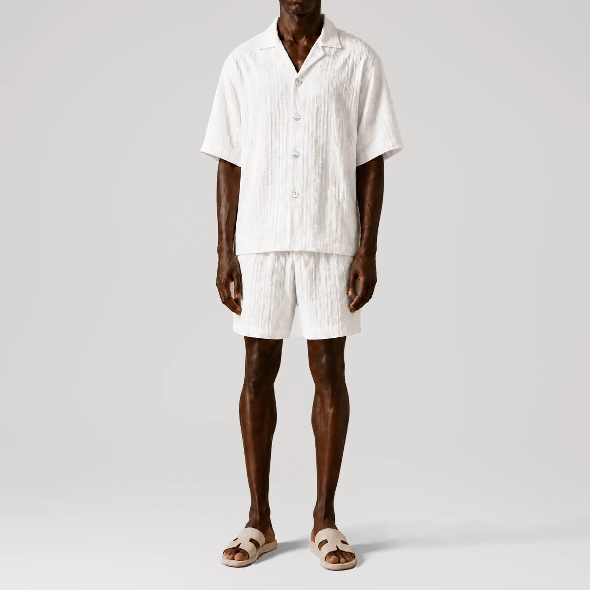 Tribal Seersucker White Cuban Shirt, front view
