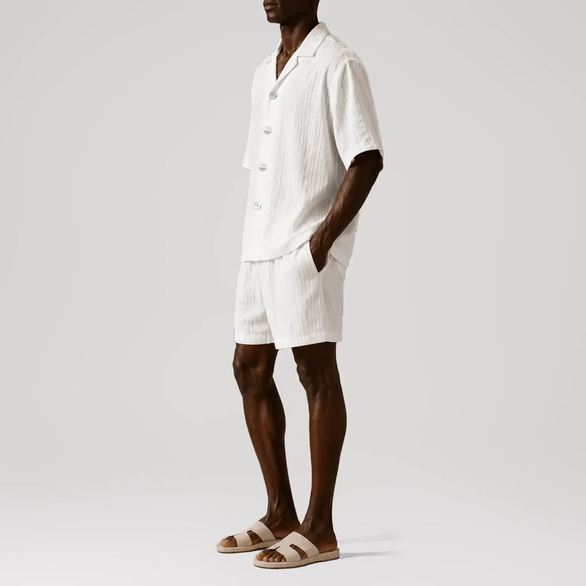 Tribal Seersucker White Cuban Shirt, side view