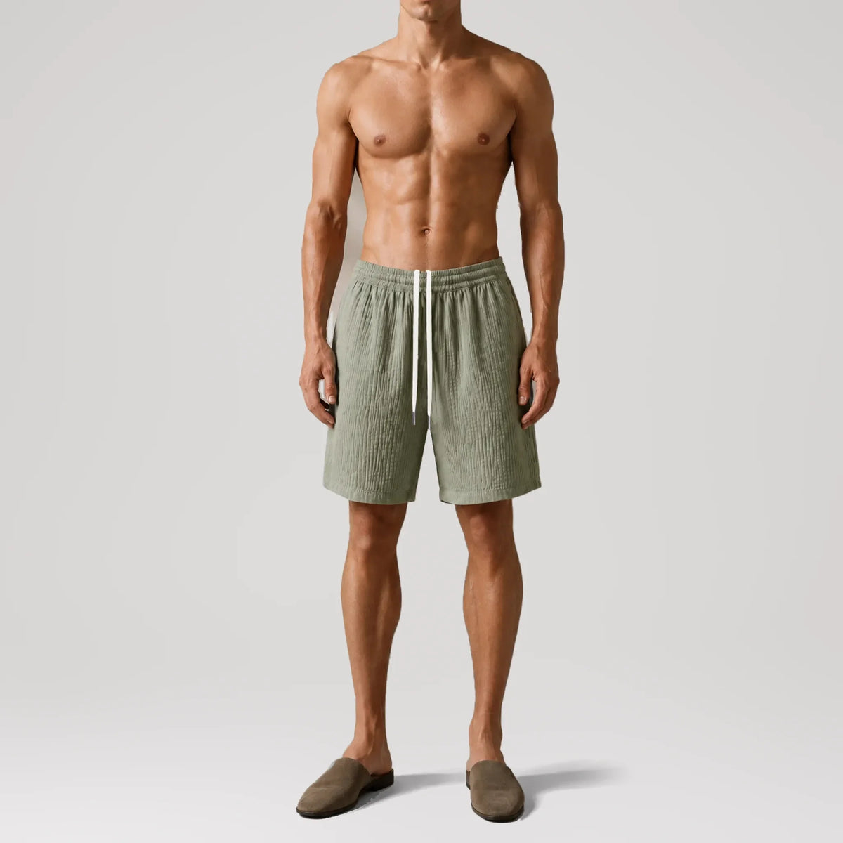 AngelWeave Khaki Gauze Lounge Shorts, front view