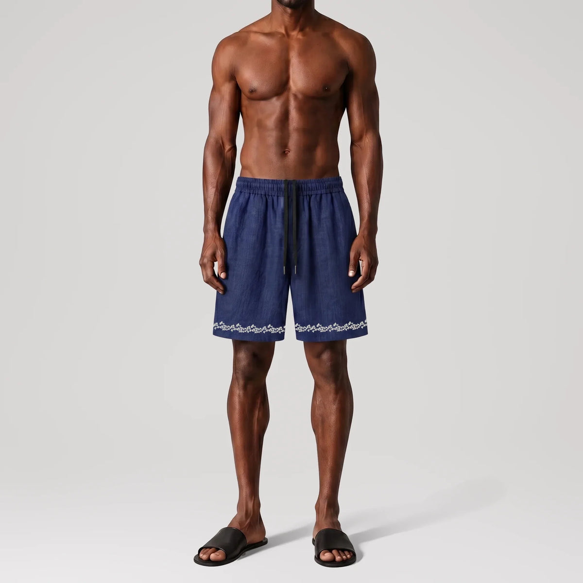 TerraLinen Botanique Indigo Lounge Shorts, front view