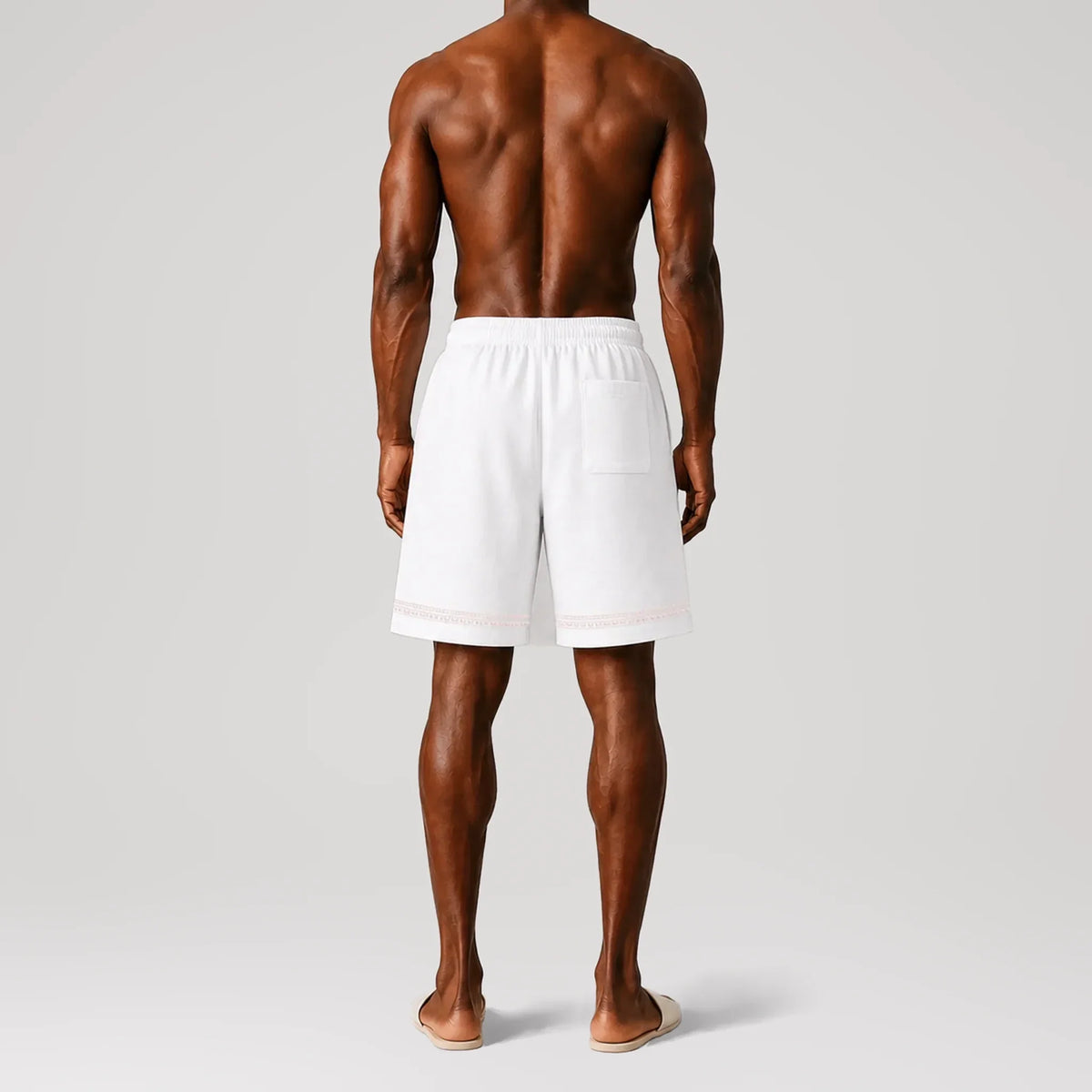 TerraLinen Nomad Script White Lounge Shorts, back view