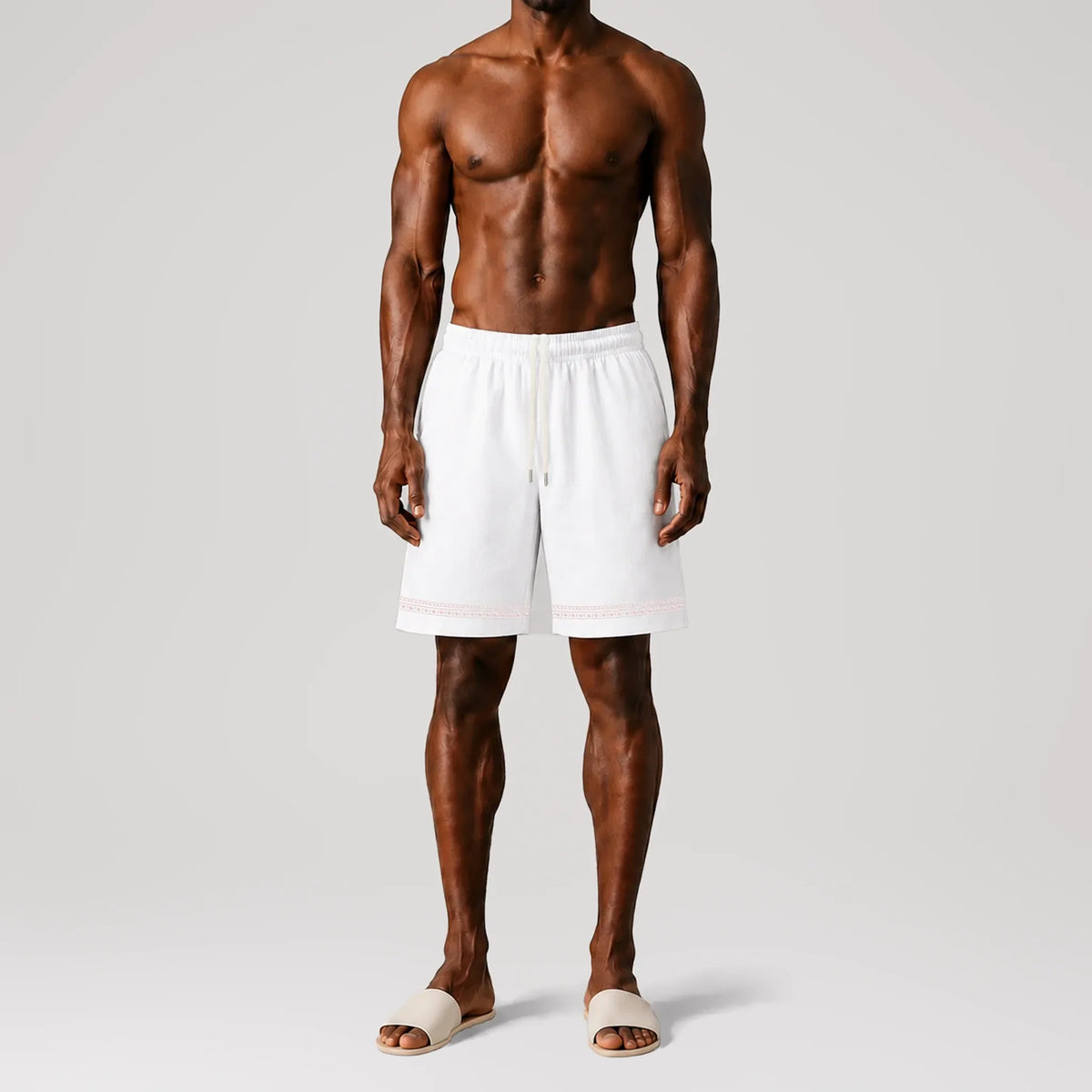 TerraLinen Nomad Script White Lounge Shorts, front view