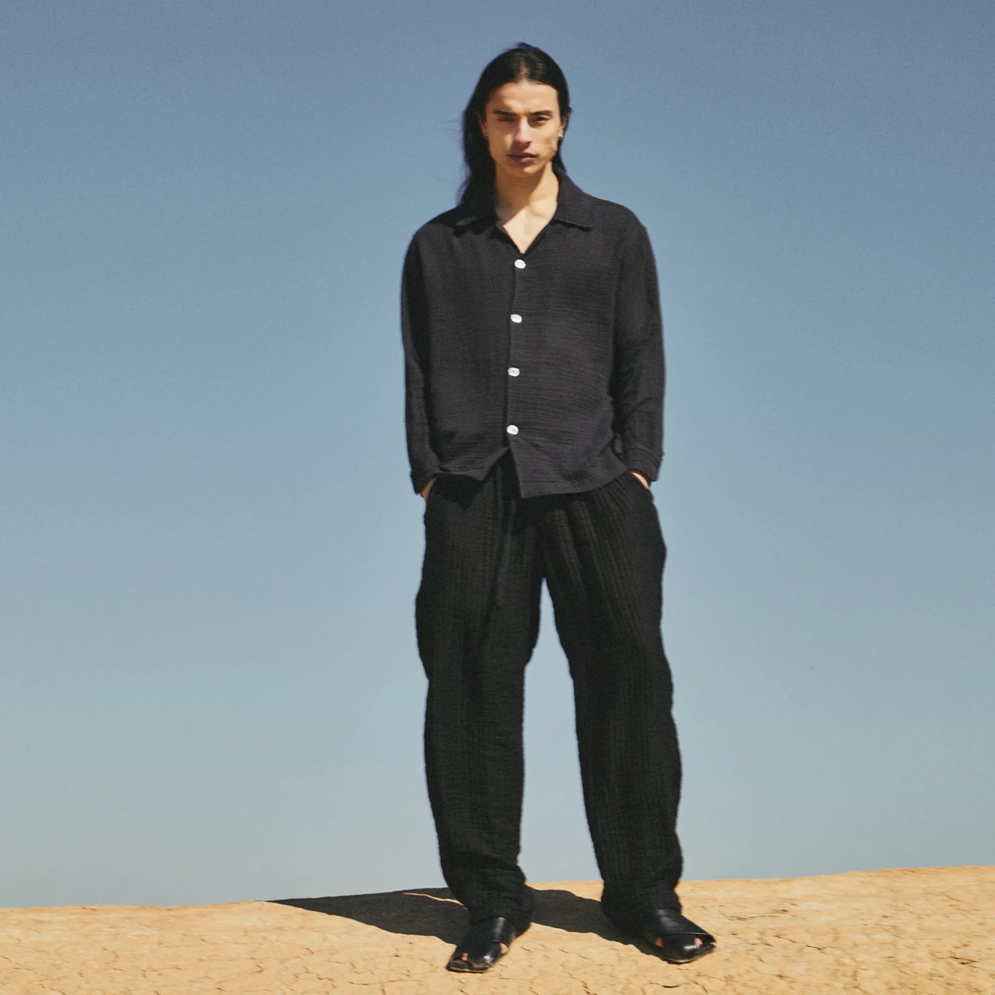 AngelWeave Dark Navy Gauze Long Sleeve Resort Shirt