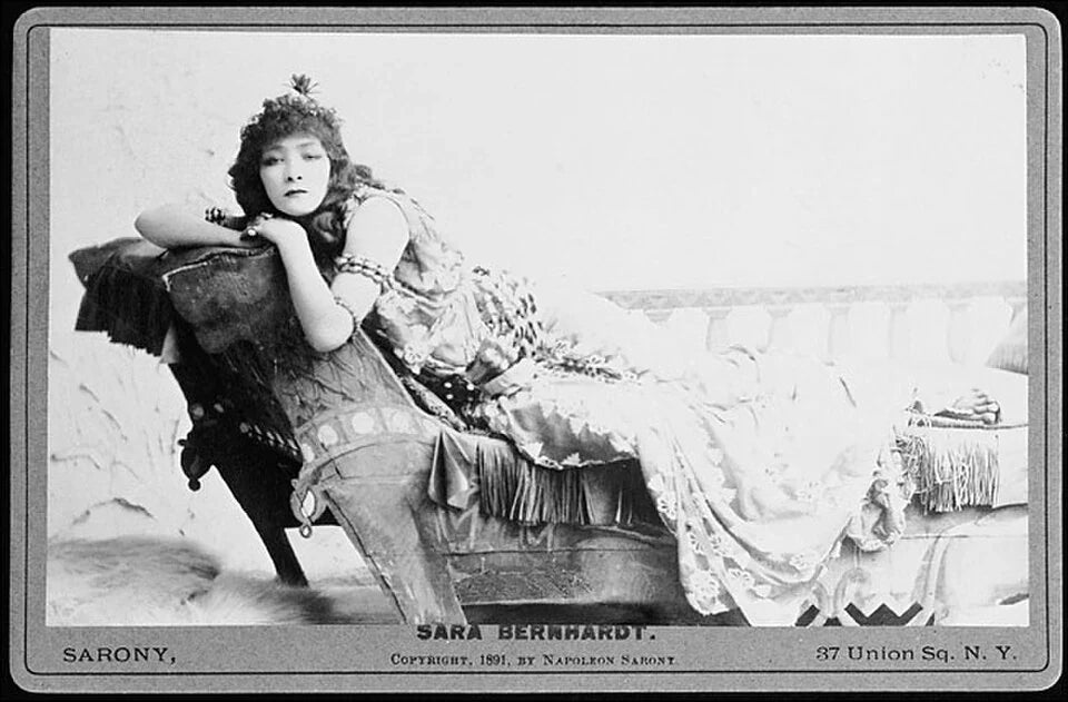 Sarah Bernhardt in costume as Cleopatra, photographed by Napoleon Sarony in 1891.