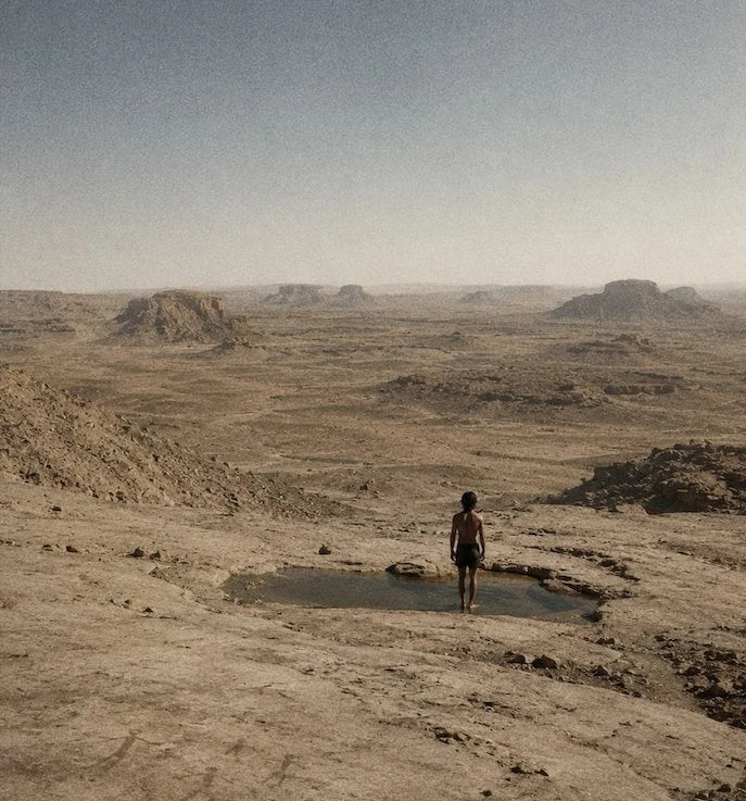 A lone figure at a small pool in open desert where lakes once stood.