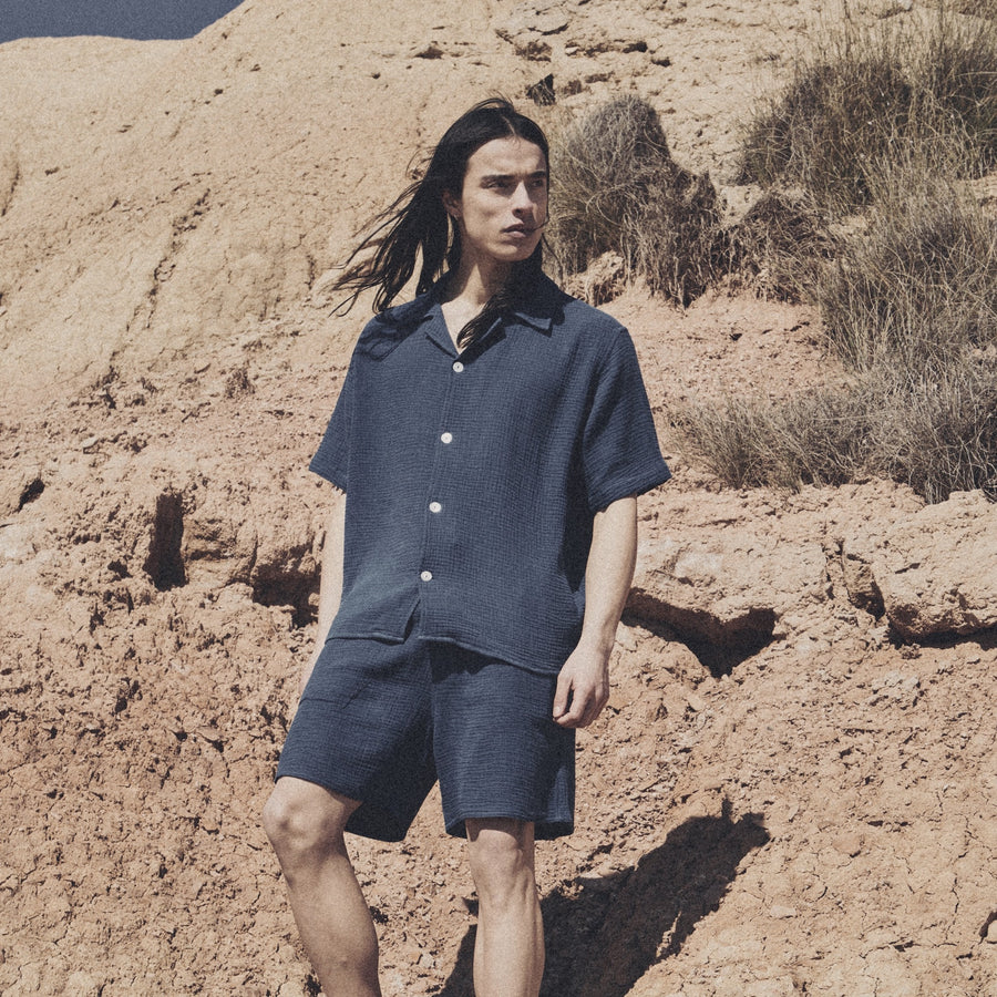 AngelWeave Indigo Resort Shirt in the desert
