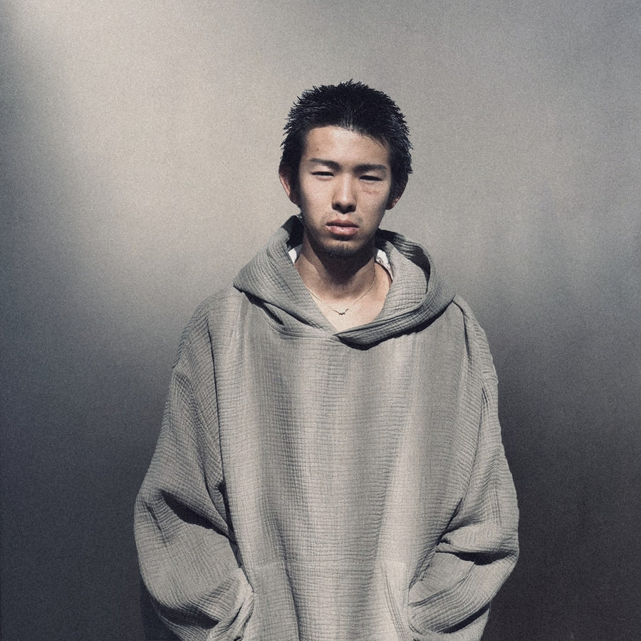 AngelWeave Khaki Gauze Hoodie, studio portrait