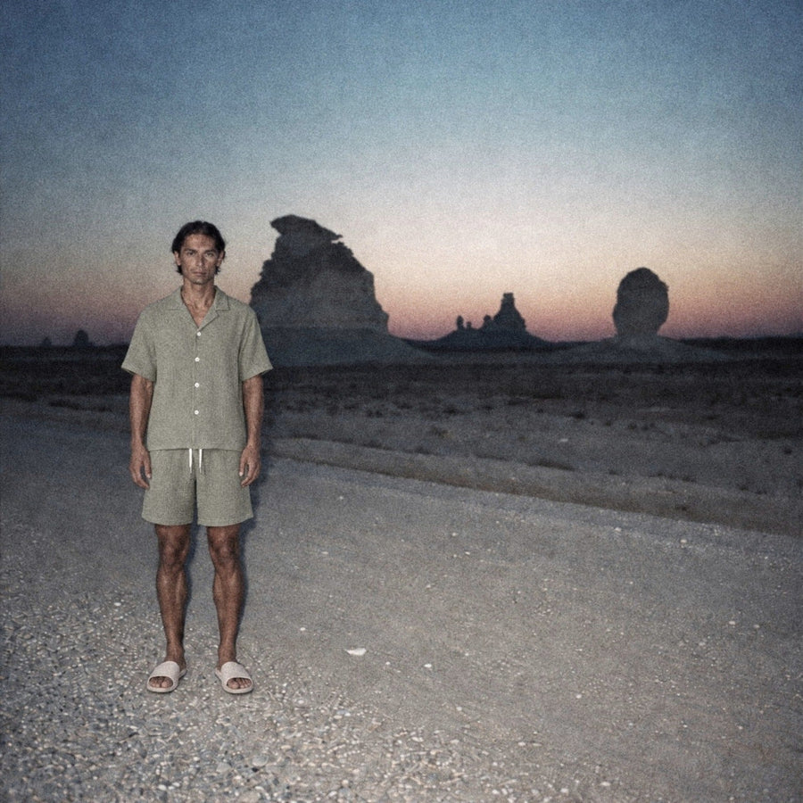 AngelWeave Khaki Resort Shirt in the desert at dusk