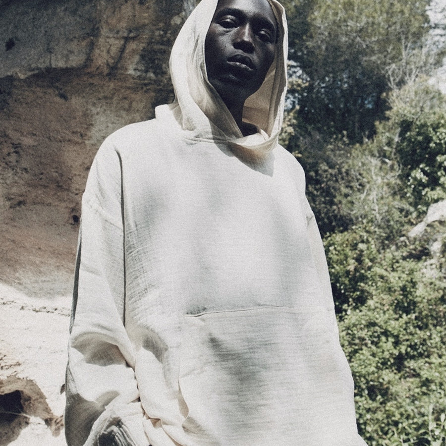 AngelWeave White Gauze Hoodie outdoors