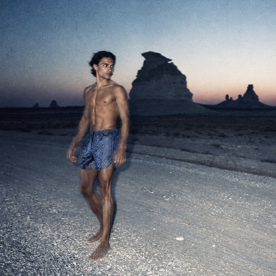 Leopard Royal Active Swim Shorts in the desert at dusk