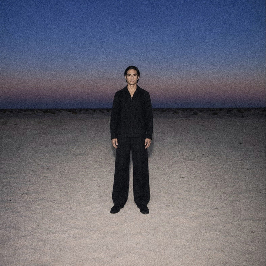 TerraLinen Black Long Sleeve Zip-Up Shirt in the desert at dusk