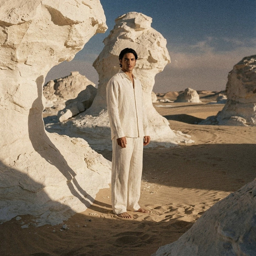 TerraLinen Ivory Classic Pants in the desert