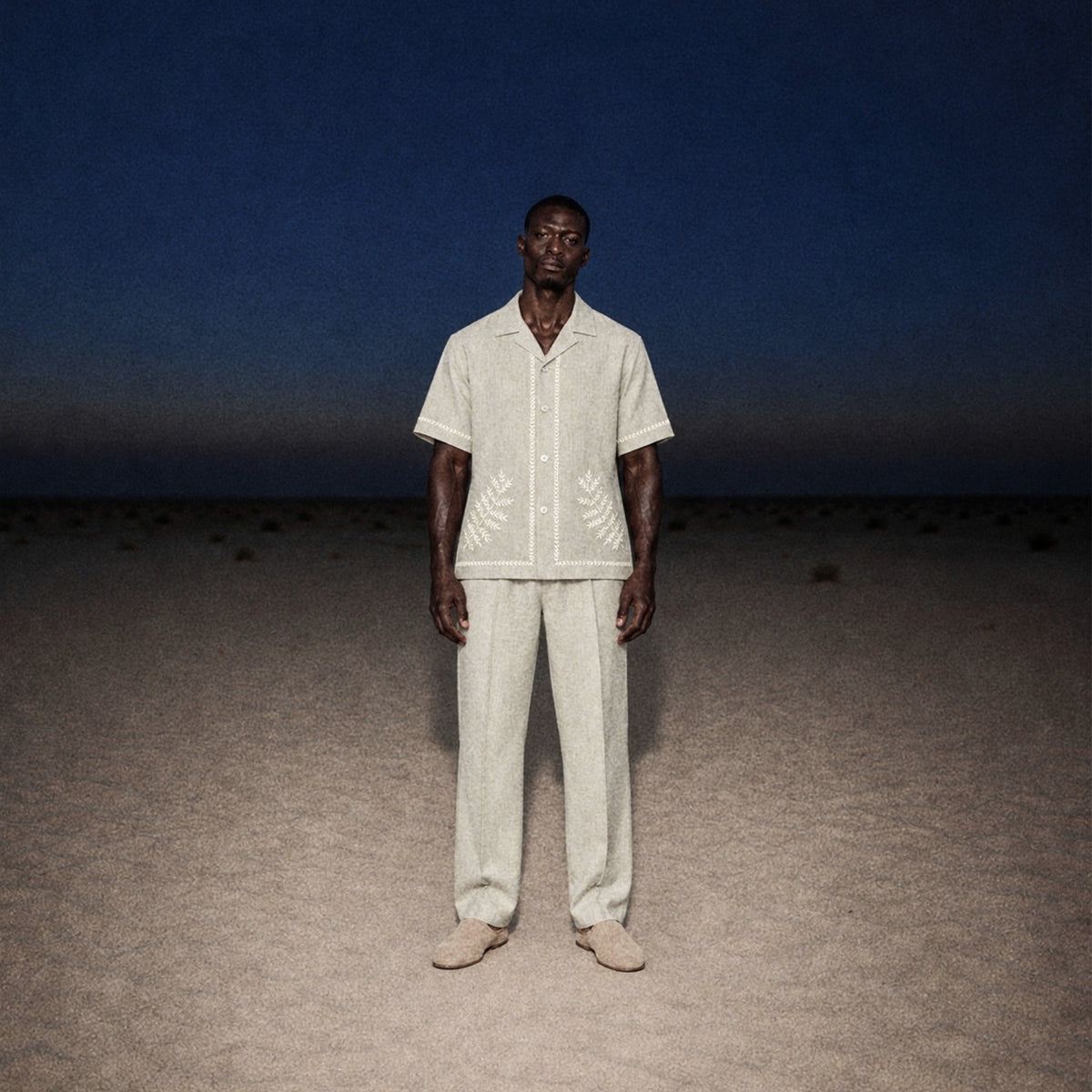 TerraLinen Whisper Almond Embroidered Riviera Shirt in the desert at dusk