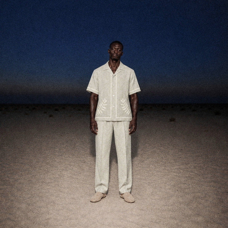 TerraLinen Whisper Almond Embroidered Riviera Shirt in the desert at dusk