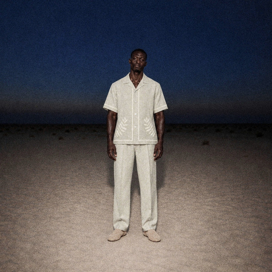 TerraLinen Almond Classic Pants in the desert at dusk