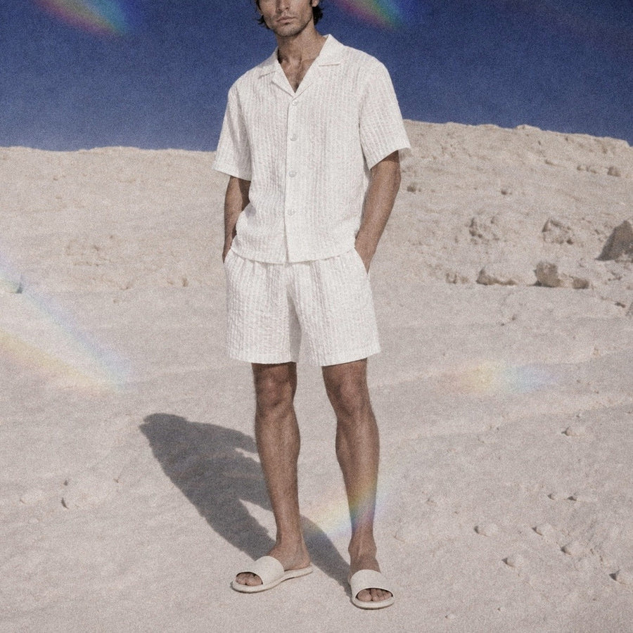 Tribal Seersucker White Cuban Shirt in the desert