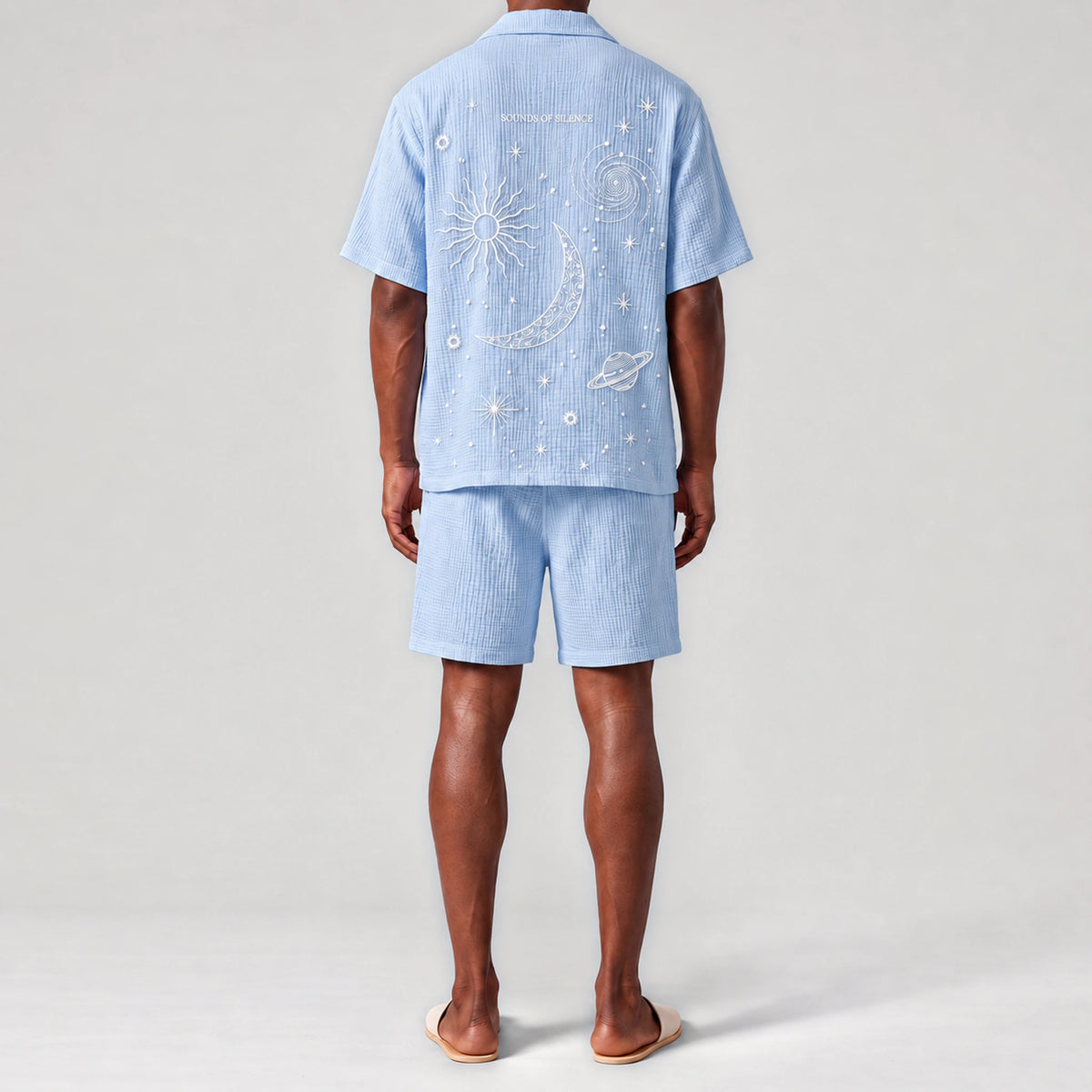AngelWeave Sky Sounds of Silence Embroidered Resort Shirt, back view