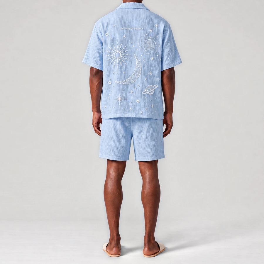 AngelWeave Sky Sounds of Silence Embroidered Resort Shirt, back view