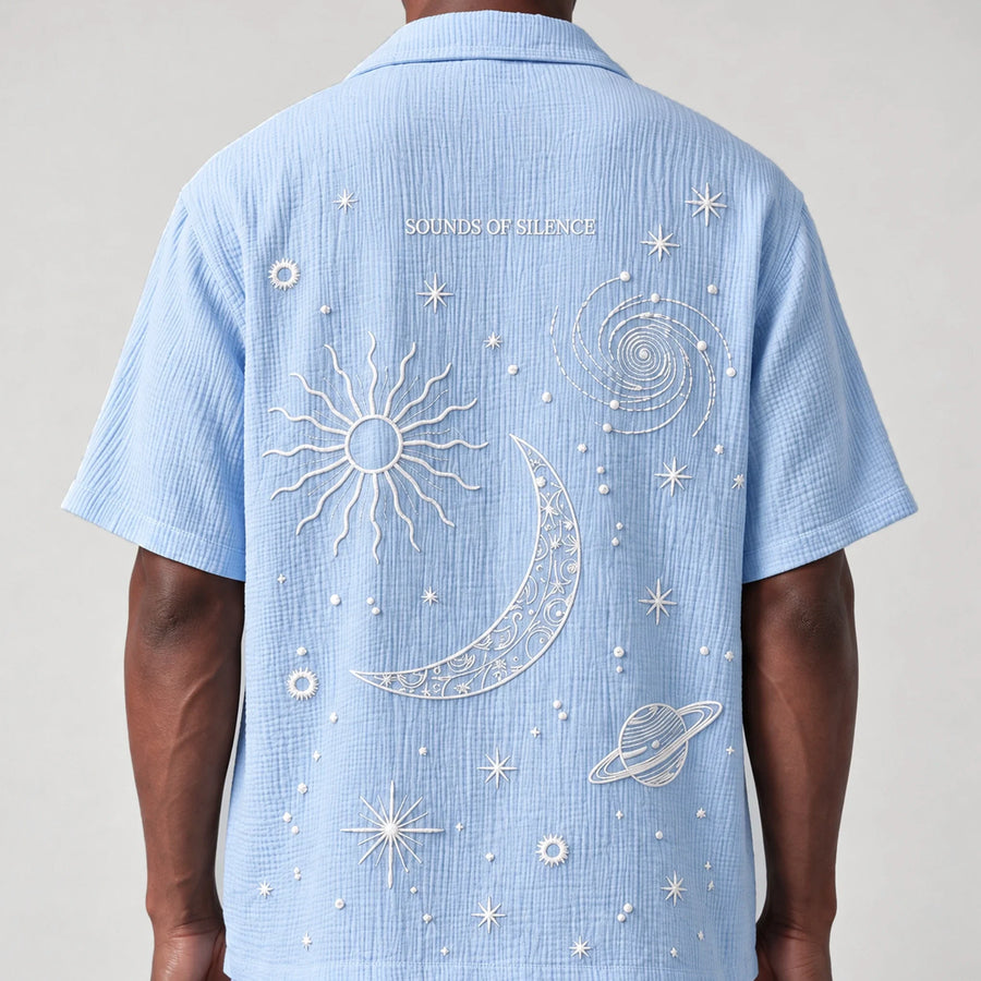 AngelWeave Sky Sounds of Silence embroidered resort shirt, back embroidery detail