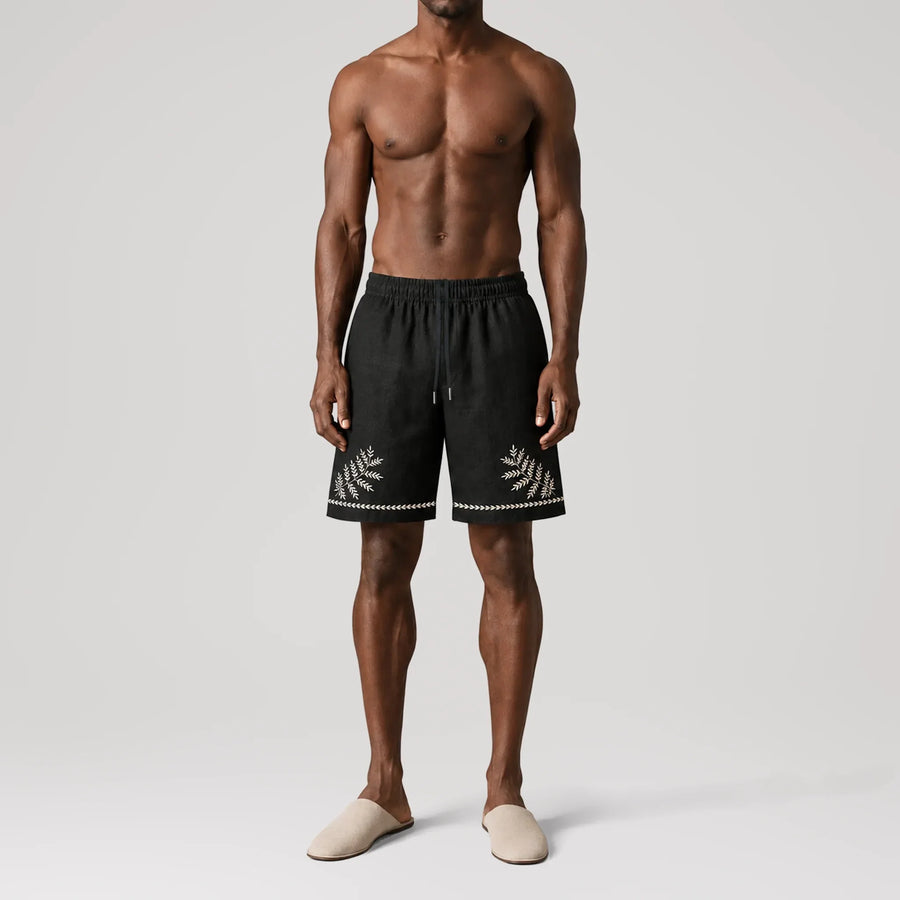 TerraLinen Whisper Gold Black Lounge Shorts, front view