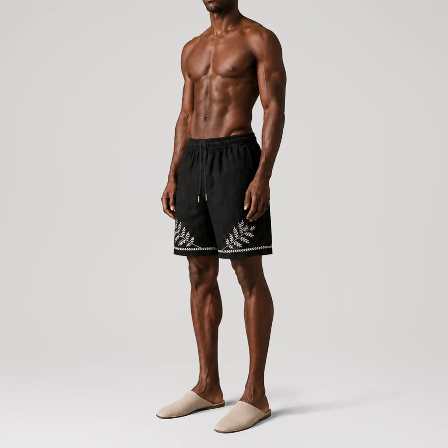 TerraLinen Whisper Gold Black Lounge Shorts, side view