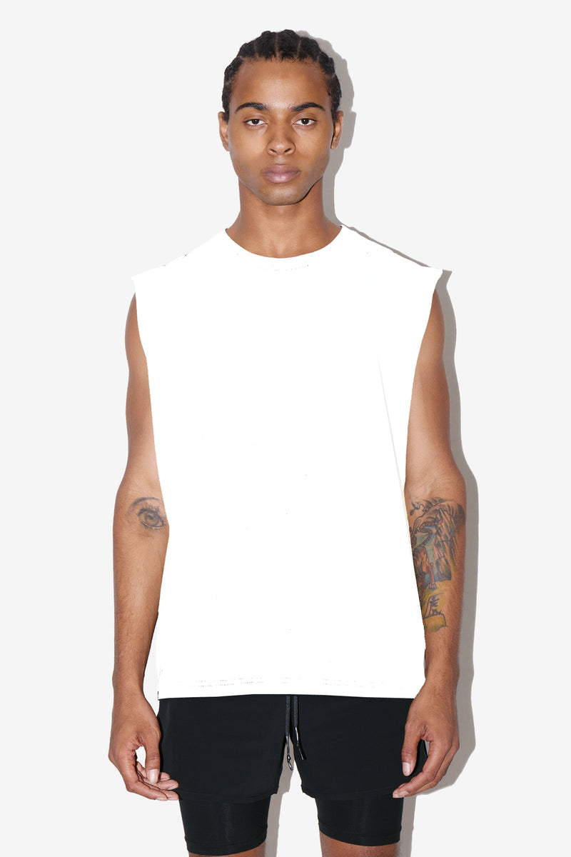White Sleeveless T-Shirt Front  - Heath