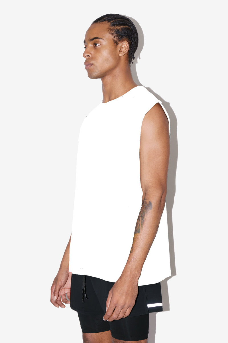 White Sleeveless T-Shirt Side  - Heath